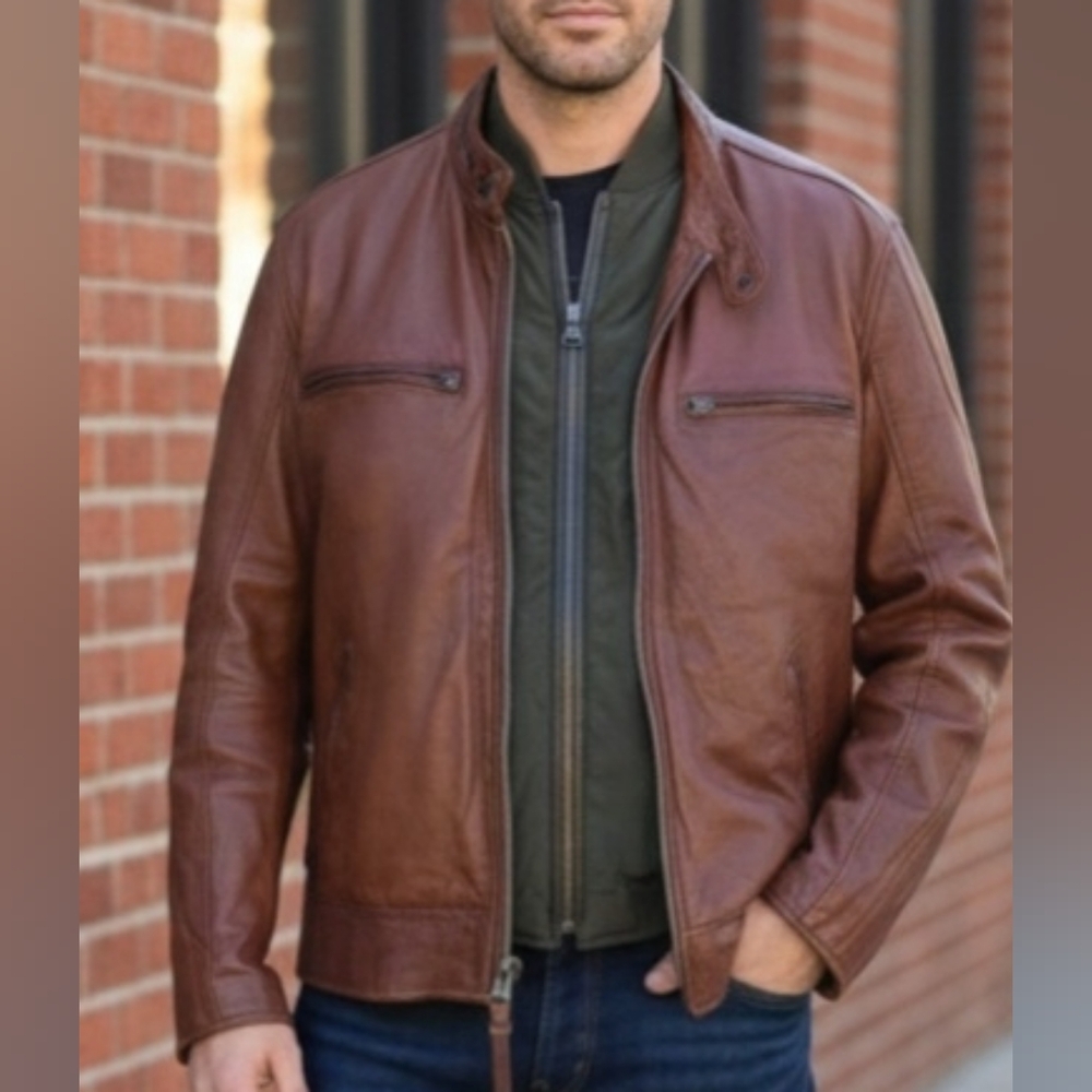 Men's XL Andrew Marc Denim Leathers Andrew Marc Racer Leather Jacket With Vest